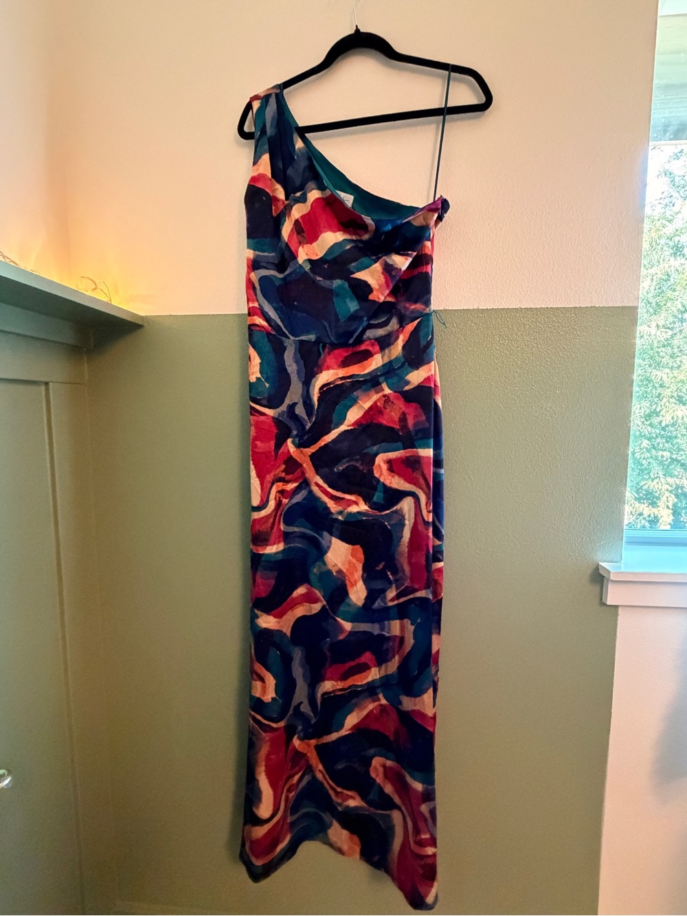 Nicole Miller One-Shoulder Abstract Print Maxi Dress in Blue, Red, Pink, Cream